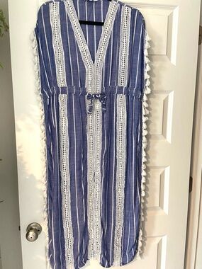 Blue Island Boho Blue & White Striped Tassel Caftan XS